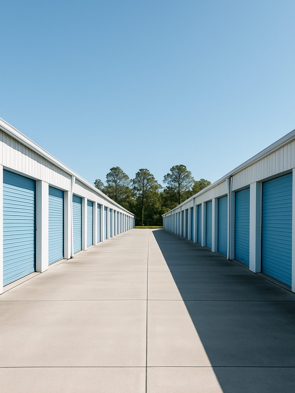 A wide drive aisle between rows of storage units