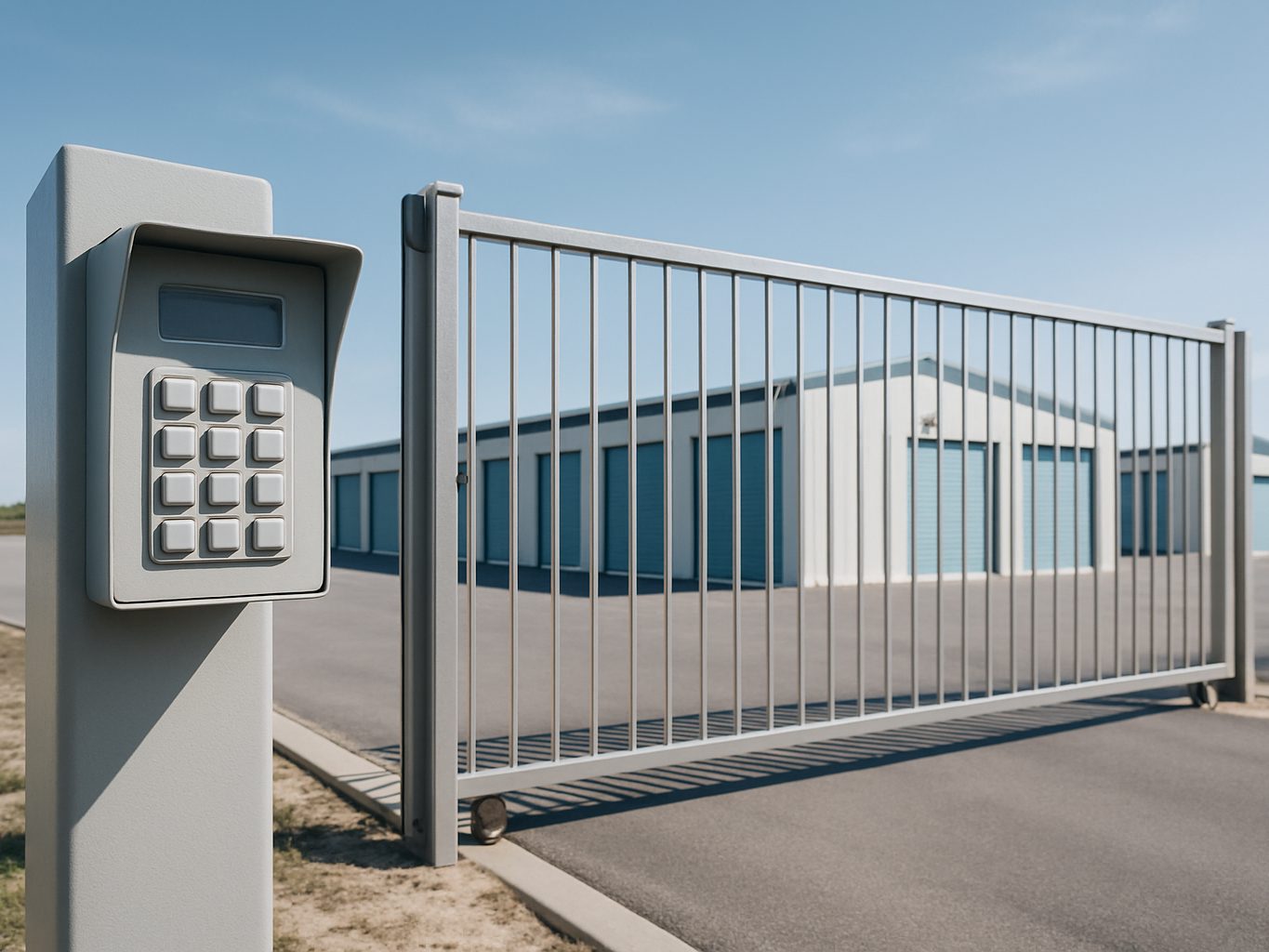 Keypad and sliding security gate at the entrance
