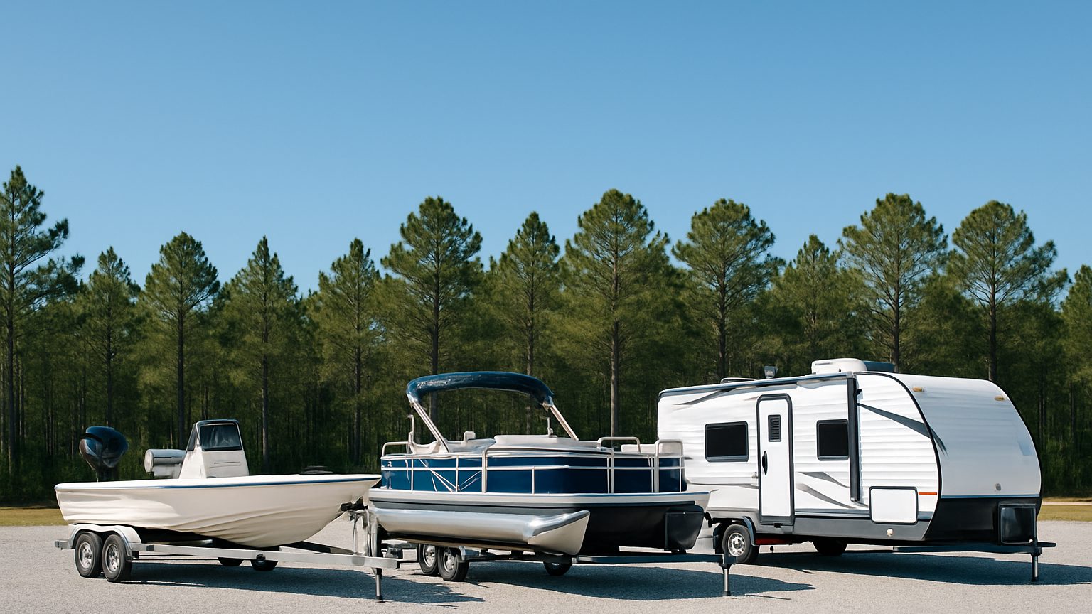 Boats and a camper parked in the outdoor storage lot