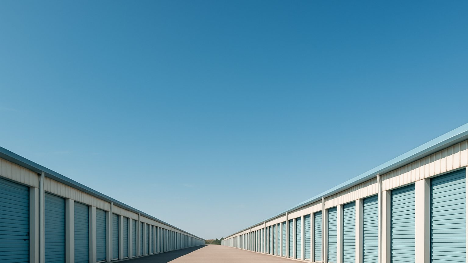 A long row of storage units under a wide blue sky