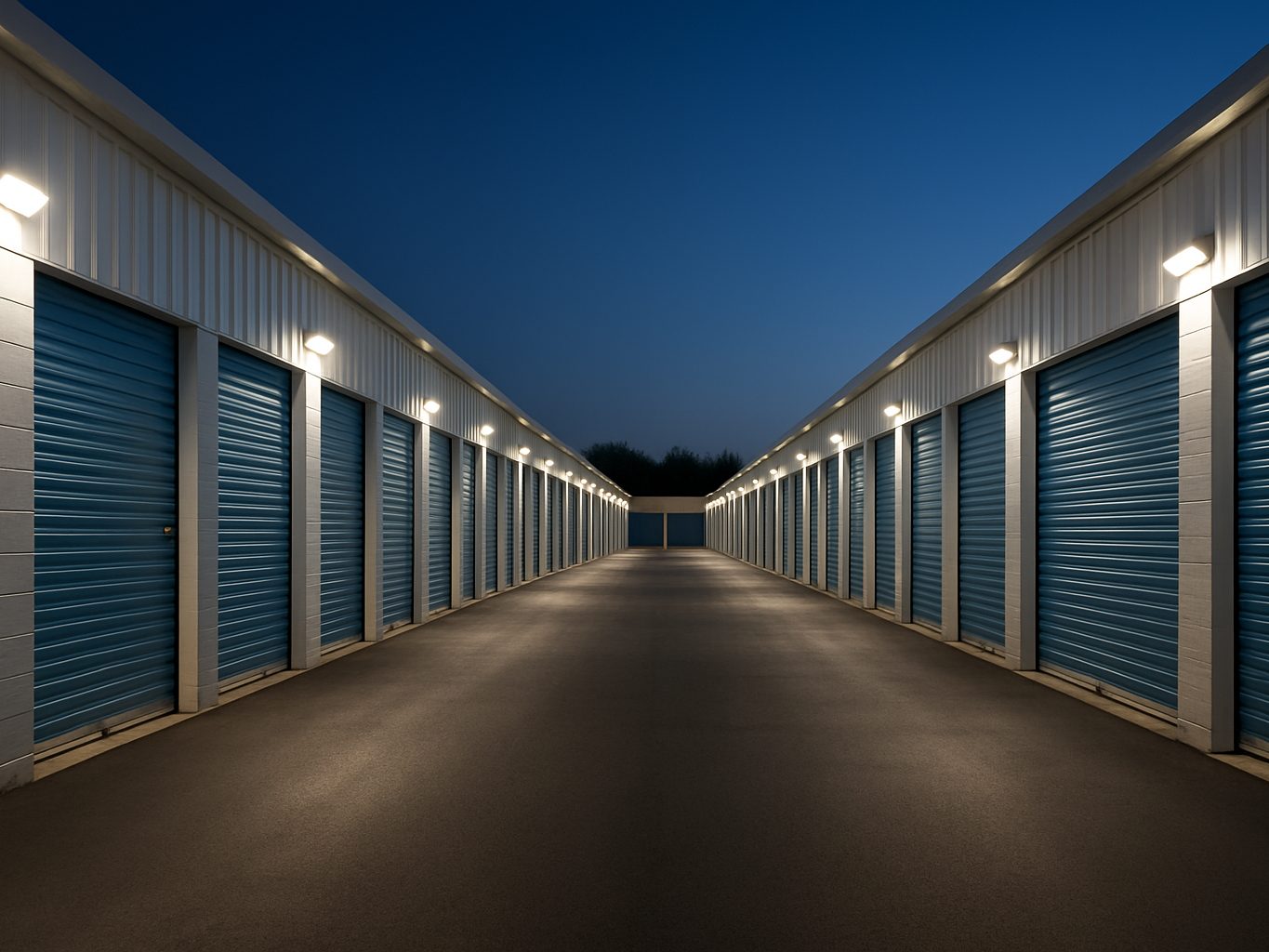 Storage aisle lit by LED lights at dusk